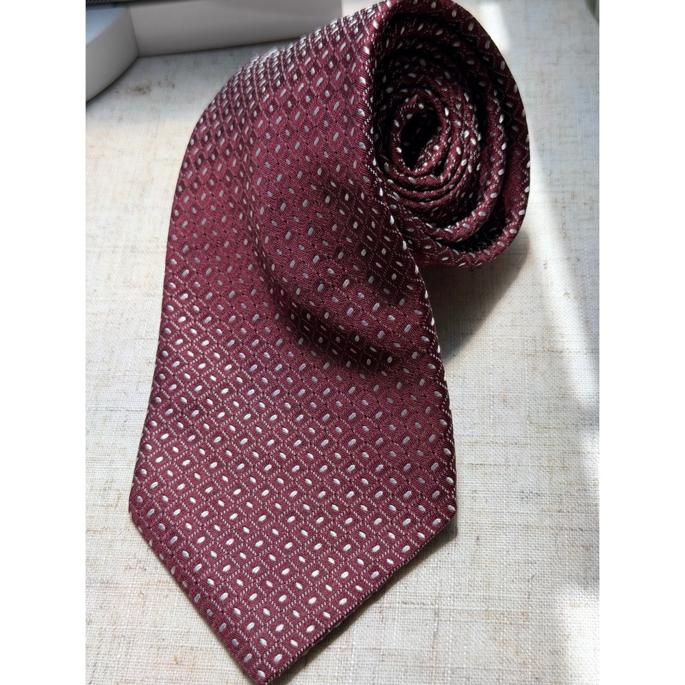 Giorgio Armani Silk Tie Burgundy Silver Geometric Micro Pattern Made in Italy